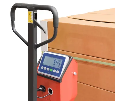 Vestil PM-2748-SCL-LP pallet trucks with digital scale shown from an alternate angle