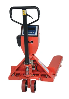 Vestil PM-2748-SCL-LP-PT pallet trucks with digital scale shown from an alternate angle
