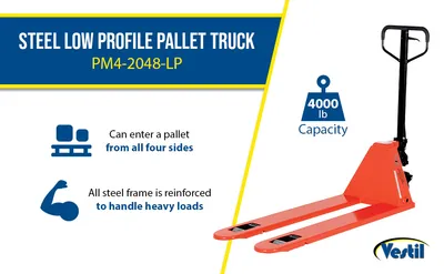 Vestil PM4-2048-LP low profile pallet truck feature highlights