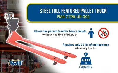 Vestil PM4-2796-UP-002 pallet trucks with p-caddy feature highlights