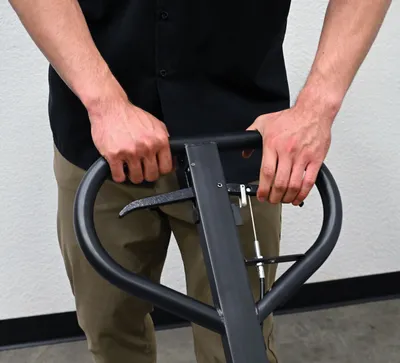 Vestil PM5-2748-DMHB pallet trucks with hand brake shown from an alternate angle