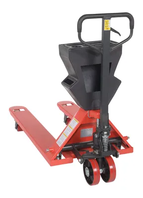 Vestil PM5-2748-UP-002 pallet trucks with p-caddy shown from an alternate angle