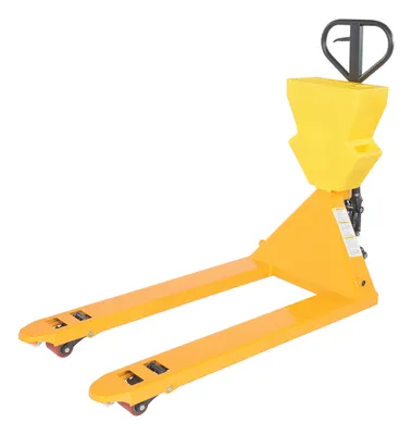 Vestil PM5-2748-Y-UP-001 pallet trucks with p-caddy shown from an alternate angle