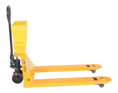 Vestil PM5-2748-Y-UP-001 pallet trucks with p-caddy shown from an alternate angle