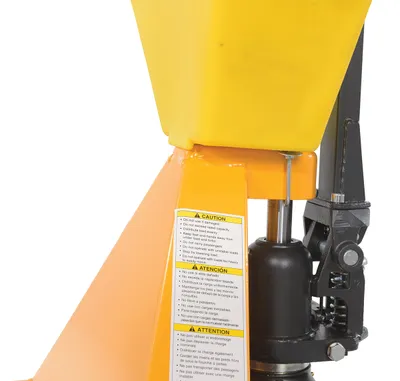 Vestil PM5-2748-Y-UP-001 pallet trucks with p-caddy shown from an alternate angle
