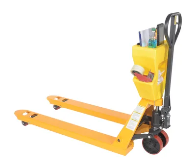 Vestil PM5-2748-Y-UP-001 pallet trucks with p-caddy shown from an alternate angle
