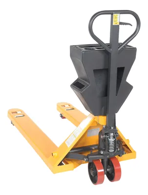 Vestil PM5-2748-Y-UP-002 pallet trucks with p-caddy shown from an alternate angle