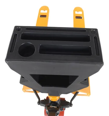 Vestil PM5-2748-Y-UP-002 pallet trucks with p-caddy shown from an alternate angle