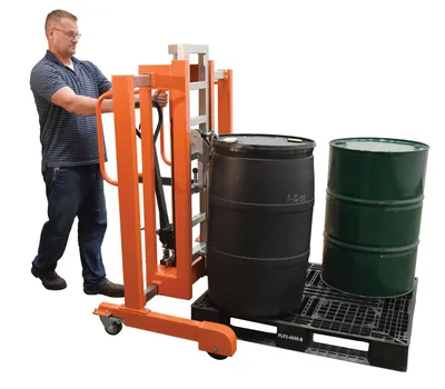 Vestil PSDT-ADP-2136 drum transporter & de-palletizer shown from an alternate angle
