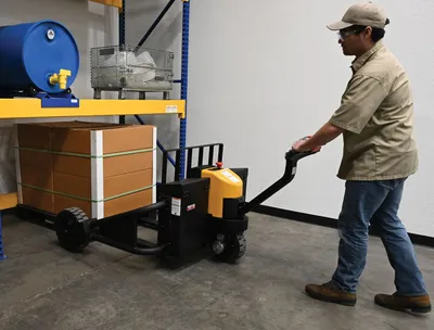 Vestil RT-EPT-2-48 electric powered rough terrain pallet truck shown from an alternate angle