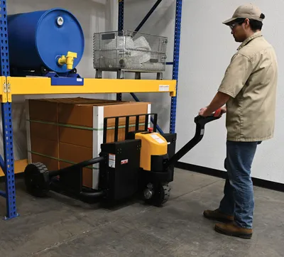 Vestil RT-EPT-2-48 electric powered rough terrain pallet truck shown from an alternate angle