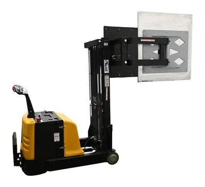Vestil S-CB-2751-BCF fully powered bale clamp & lift stacker shown from an alternate angle
