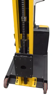 Vestil S-CB-NM-60 counter balanced narrow stacker w multi-use attachment shown from an alternate angle