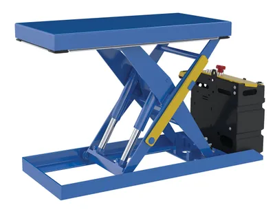 Vestil Steel Scissor Lift Table DC Power 51-9/16 In. x 20-1/2 In. x 32 In. 2,000 Lb. Capacity Blue