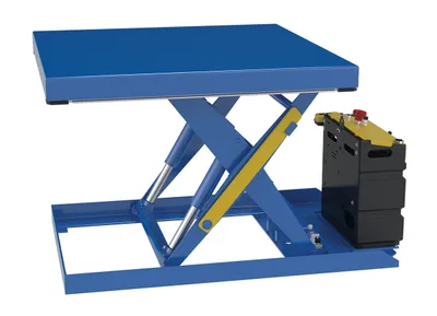 Vestil Steel Scissor Lift Table DC Power 55-7/16 In. x 42-3/8 In. x 32 In. 2,000 Lb. Capacity Blue