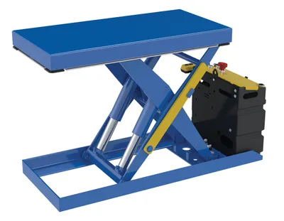 Vestil Steel Scissor Lift Table DC Power 51-9/16 In. x 20-1/2 In. x 32 In. 2,500 Lb. Capacity Blue
