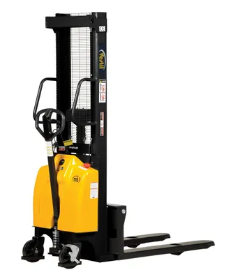 Vestil Steel Hand Pump DC Powered Stacker with Fixed Forks and Legs 118 In. Raised Height 2,000 Lb. Capacity Black / Yellow