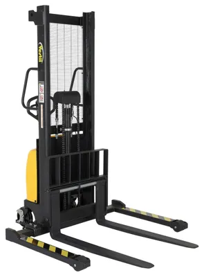 Vestil Steel/Plastic Hand Pump DC Powered Stacker with Adjustable Forks and Legs 63 In. Raised Height 2,000 Lb. Capacity Black / Yellow