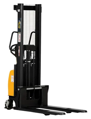 Vestil Steel Hand Pump DC Powered Stacker with Fixed Forks and Legs 63 In. Raised Height 2,000 Lb. Capacity Black / Yellow