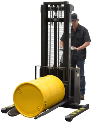 Vestil SLNM-AA-RFK narrow mast stackers with powered lift shown from an alternate angle