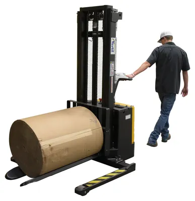 Vestil SLNM-AA-RFK narrow mast stackers with powered lift shown from an alternate angle