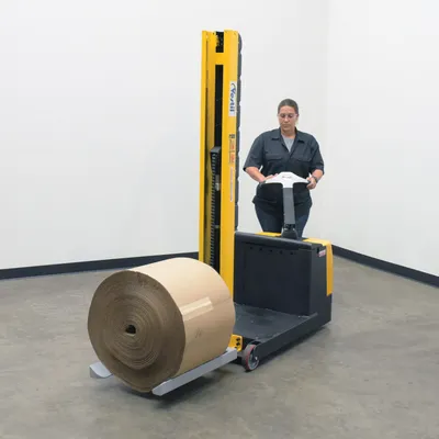 Vestil STA-ATT-FRF-20 counter balanced narrow stacker w multi-use attachment shown from an alternate angle