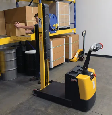 Vestil STA-ATT-RP counter balanced narrow stacker w multi-use attachment shown from an alternate angle