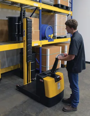 Vestil STA-ATT-SDG counter balanced narrow stacker w multi-use attachment shown from an alternate angle