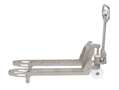 Vestil ULM-PM-2045-30 stainless steel pallet truck shown from an alternate angle