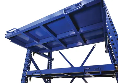 Vestil VRSOR-60-SLF heavy duty roll-out shelving shown from an alternate angle