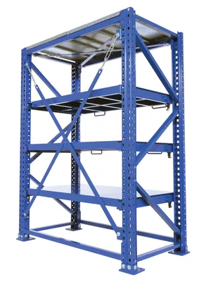 Vestil VRSOR-60 heavy duty roll-out shelving shown from an alternate angle
