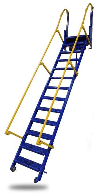 Vestil Steel Folding Mezzanine Ladder with 115V Power Storage 120 In. Mezzanine Height 23-5/8 In. Step Width 350 Lb. Capacity Blue & Yellow